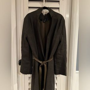 Linen overcoat w olive green leather belt